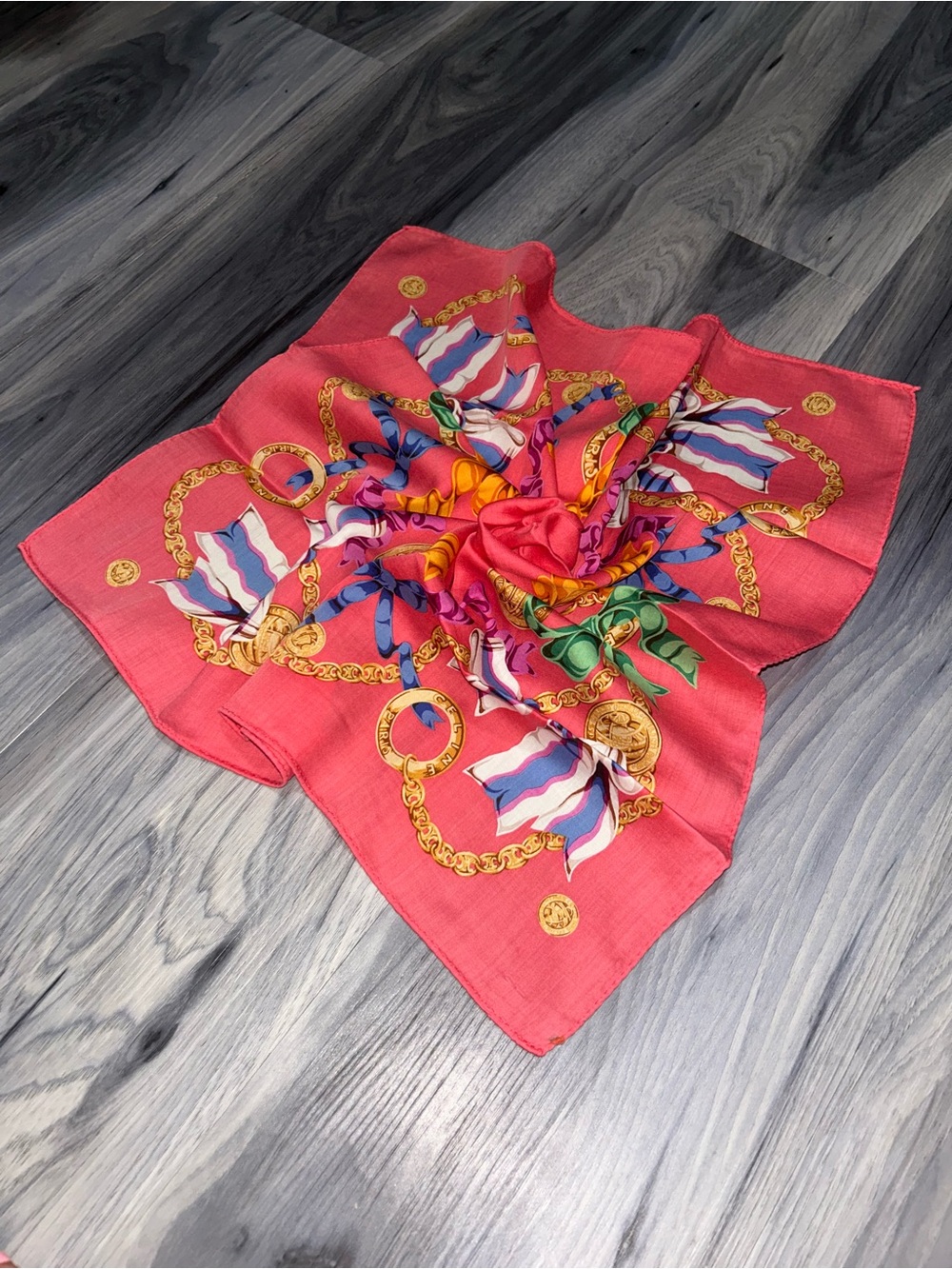 Vintage Celine Pink Cotton Handkerchief with Chains & Ribbons